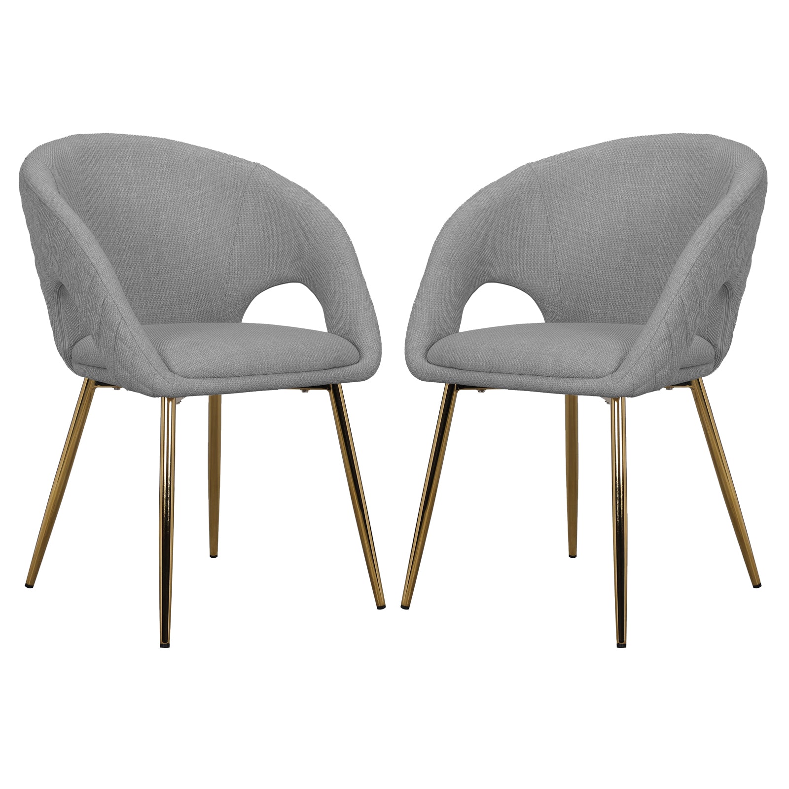 Jazlyn Fabric Dining Chairs with Gold Legs Set of 2 in Grey, featuring curved upholstered shells with cut-outs at arm-backrest junction, supported by slender gold-tone metal legs, offering modern elegance.