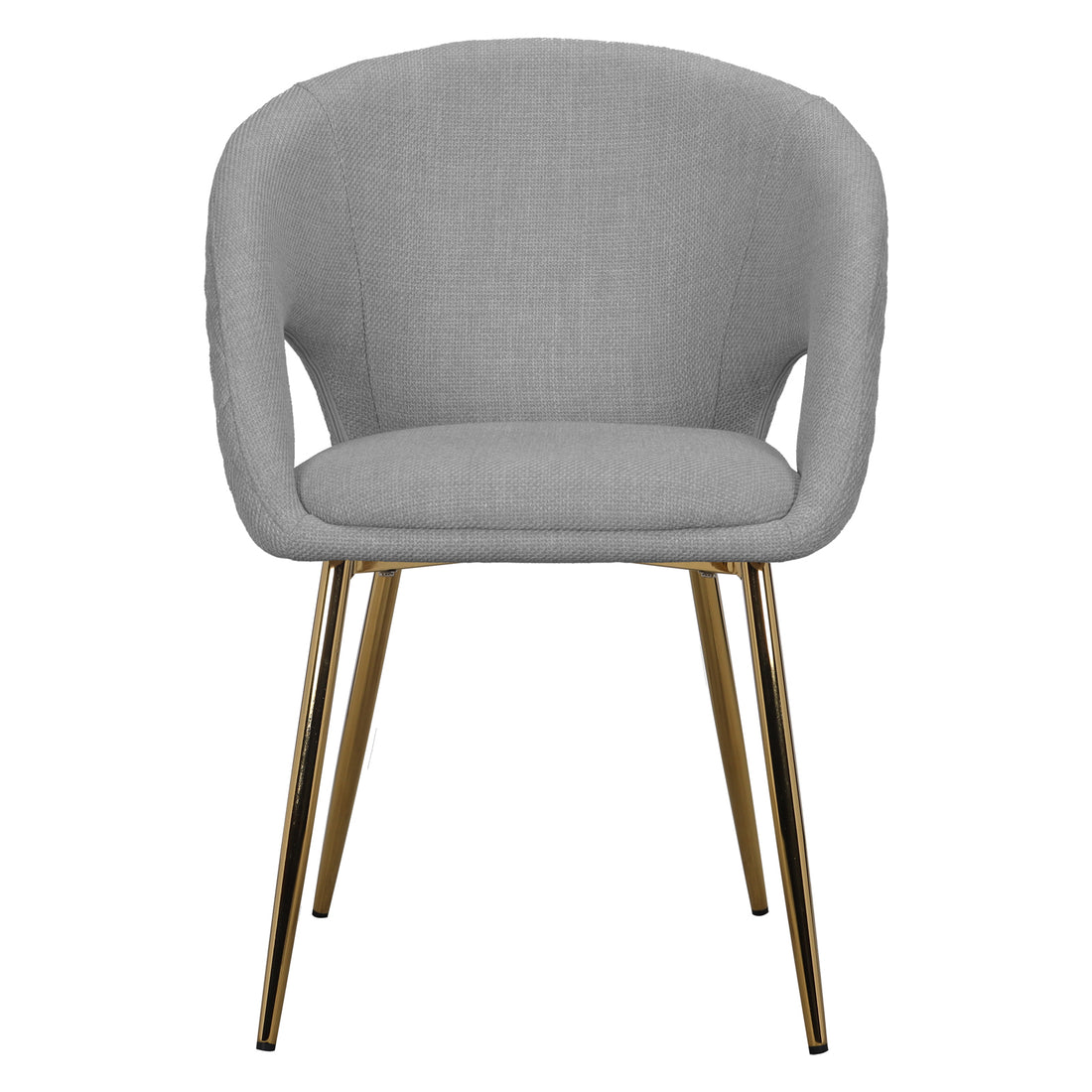 Jazlyn Fabric Dining Chairs with Gold Legs Set of 2 in Grey featuring a modern design with curved upholstered seats, light gray linen, and polished gold-tone metal legs, offering elegance and comfort.