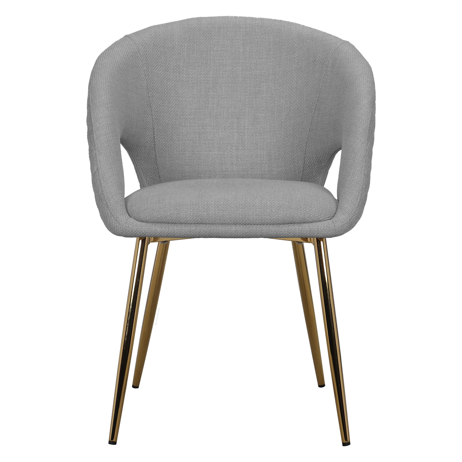 Jazlyn Fabric Dining Chairs with Gold Legs Set of 2 in Grey featuring a modern design with curved upholstered seats, light gray linen, and polished gold-tone metal legs, offering elegance and comfort.