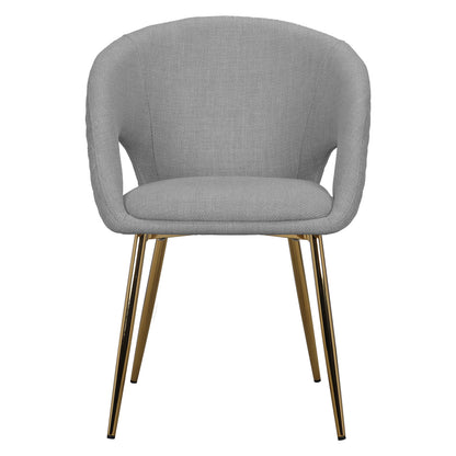 Jazlyn Fabric Dining Chairs with Gold Legs Set of 2 in Grey featuring a modern design with curved upholstered seats, light gray linen, and polished gold-tone metal legs, offering elegance and comfort.