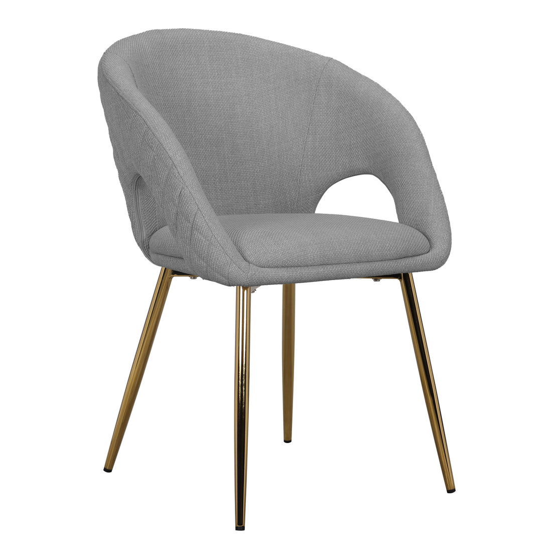 Jazlyn Fabric Dining Chairs with Gold Legs Set of 2 in Grey, featuring a curved, upholstered seat and back with side cut-outs, supported by slender, angled metal legs in a polished gold/brass tone.