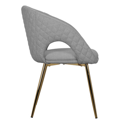 Jazlyn Linen Gold Legs Dining Chair Grey Set of 2 features elegant grey upholstery, plush padding, and striking gold chrome legs, offering stylish comfort and a modern design for dining or living spaces.