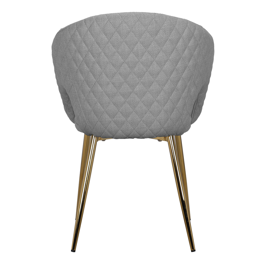 Rear view of Jazlyn Fabric Dining Chairs with Gold Legs Set of 2 in Grey, featuring a quilted barrel-style back and slender gold-toned metal legs, highlighting modern elegance and comfort.