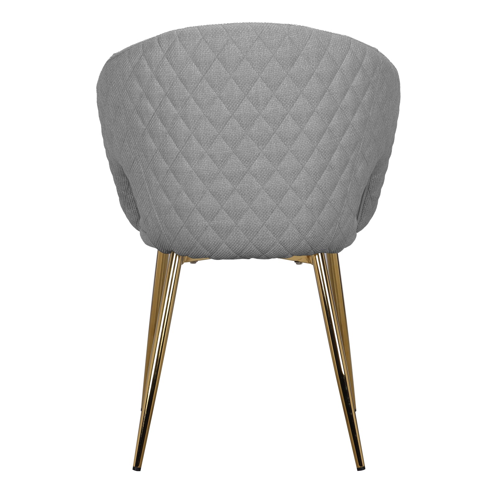Rear view of Jazlyn Fabric Dining Chairs with Gold Legs Set of 2 in Grey, featuring a quilted barrel-style back and slender gold-toned metal legs, highlighting modern elegance and comfort.