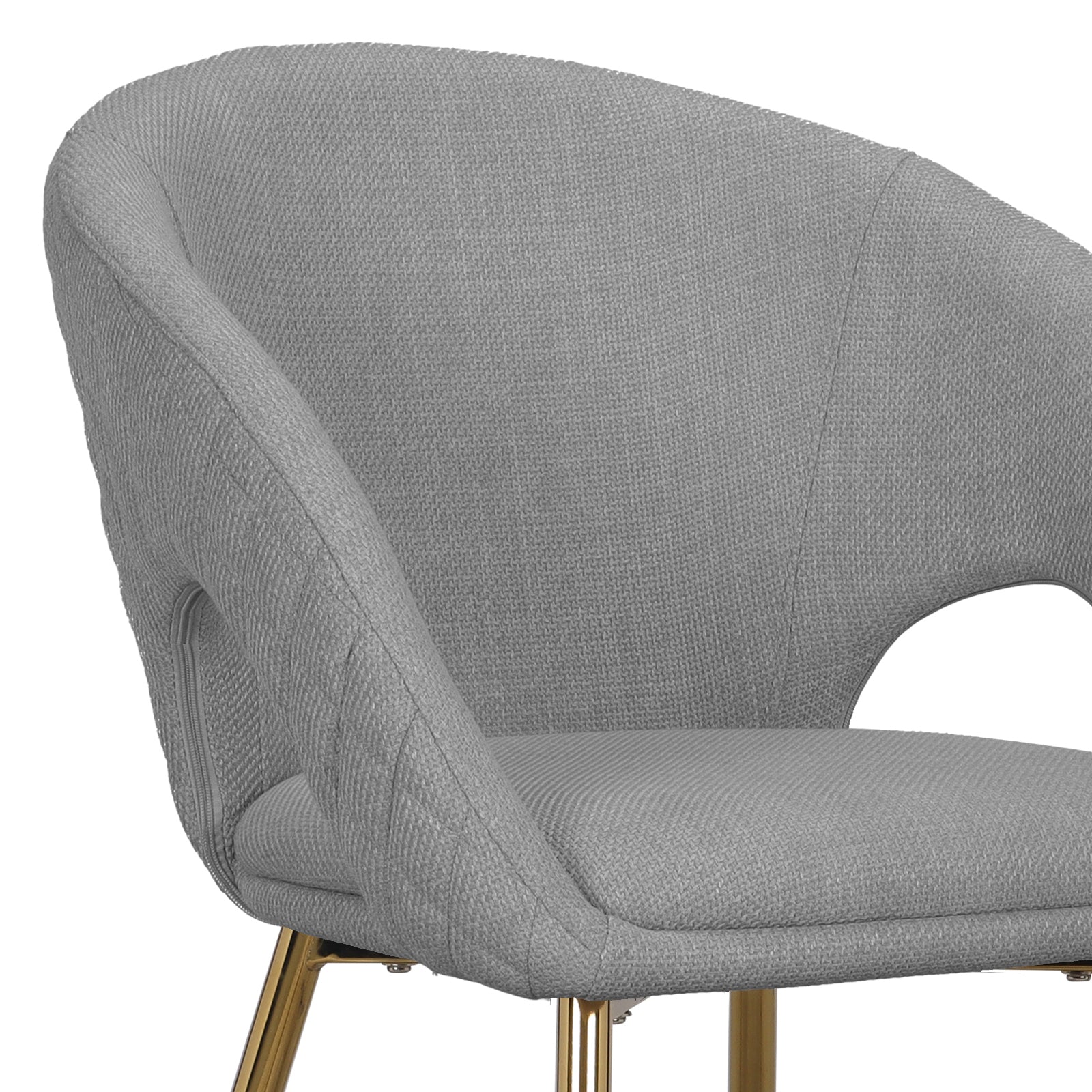 Jazlyn Fabric Dining Chairs with Gold Legs Set of 2 in Grey, featuring a curved back, low armrests, padded seat with light gray woven texture, and slim, tapered brass-tone metal legs.