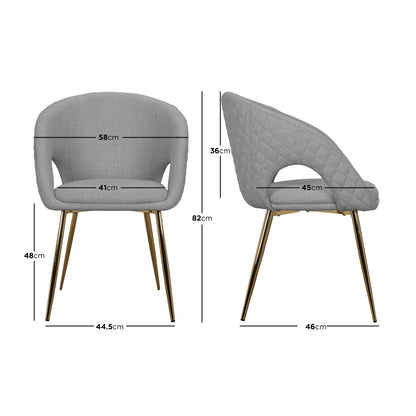 Jazlyn Linen Gold Legs Dining Chair Grey Set of 2, featuring elegant golden chrome legs and plush linen upholstery, offers a stylish and comfortable seating option, ideal for enhancing any modern dining space.