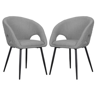Jazlyn Linen Dining Chair Grey Set of 2 features a minimalist design with grey linen upholstery, sturdy black metal legs, and a rounded back for comfort, ideal for dining or living spaces.