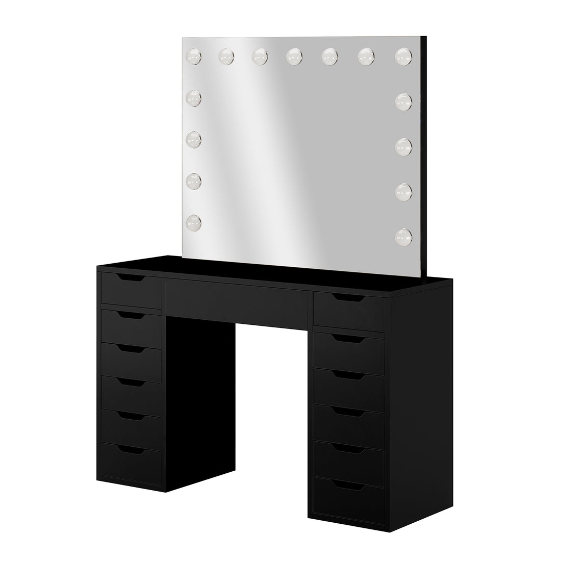 Jenna Hollywood LED Mirror Dressing Table - Black features a sleek design with a large mirror, 13 LED bulbs, and 13 drawers, offering ample storage and professional lighting for makeup enthusiasts.