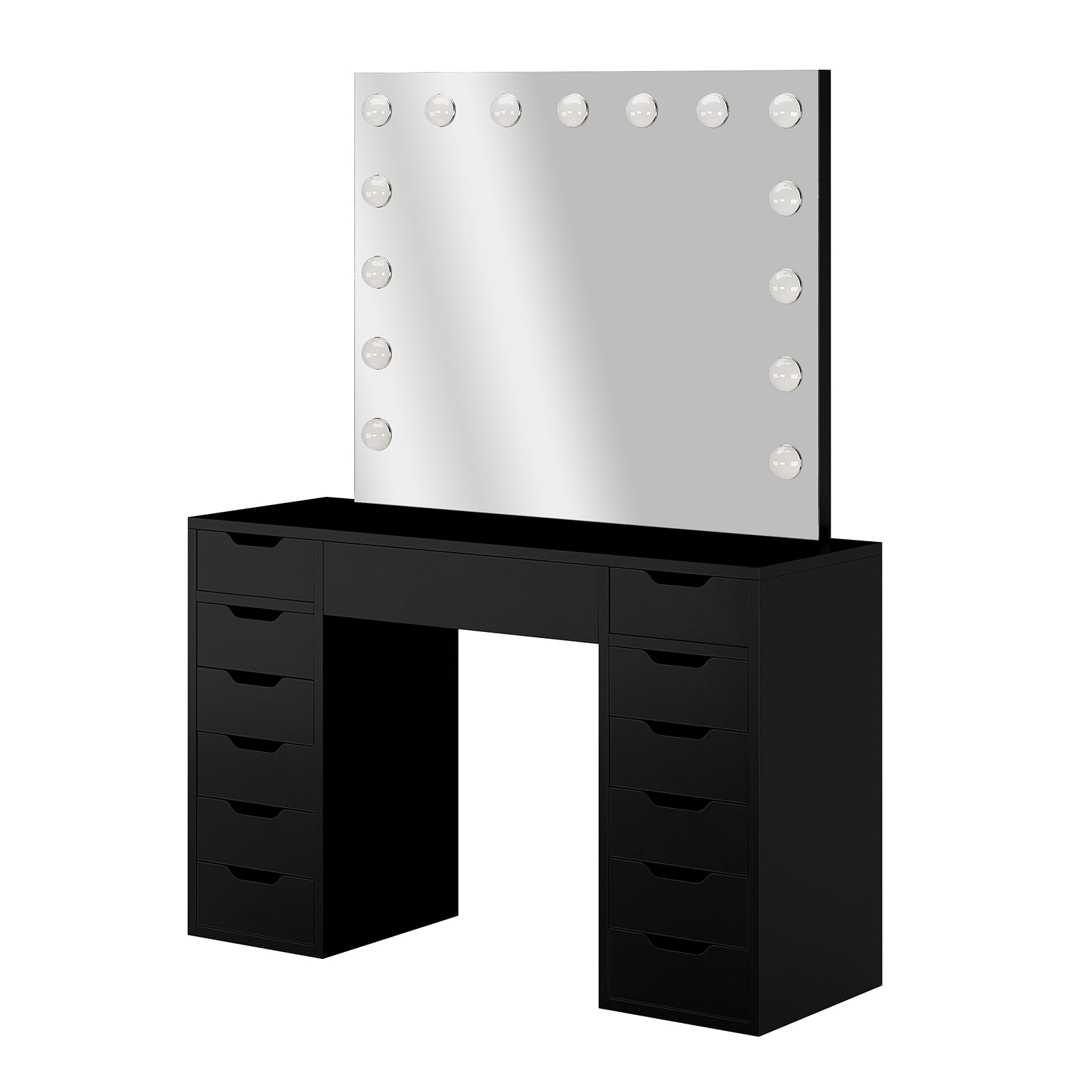 Jenna Hollywood LED Mirror Dressing Table - Black features a sleek design with a large mirror, 13 LED bulbs, and 13 drawers, offering ample storage and professional lighting for makeup enthusiasts.