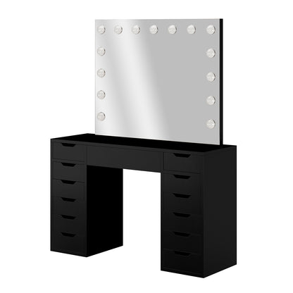 Jenna Hollywood LED Mirror Dressing Table - Black features a sleek design with a large mirror, 13 LED bulbs, and 13 drawers, offering ample storage and professional lighting for makeup enthusiasts.