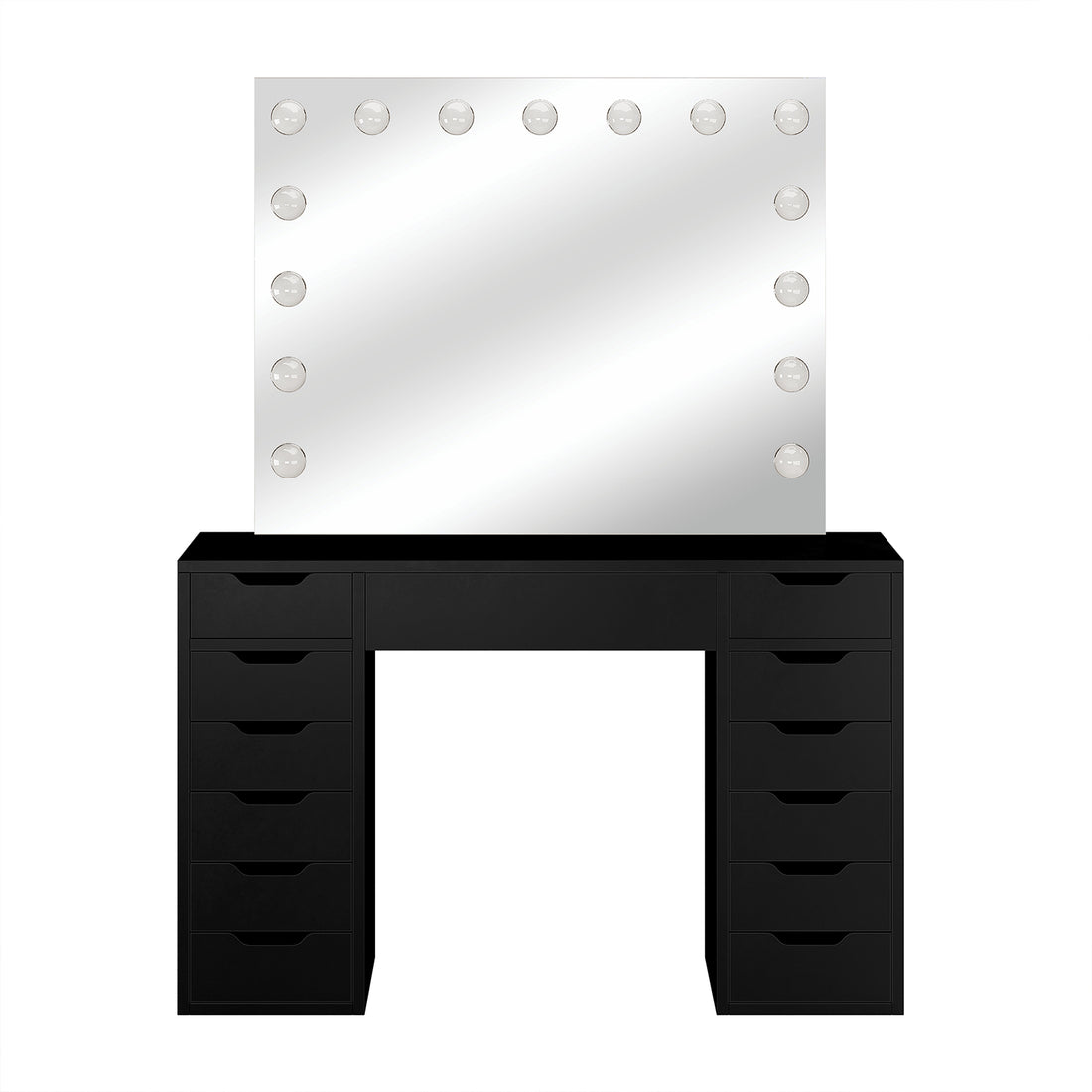 Jenna Hollywood LED Mirror Dressing Table - Black, showcasing a large mirror with LED bulbs, sleek drawers for storage, and a spacious tabletop, perfect for organising makeup and beauty tools.