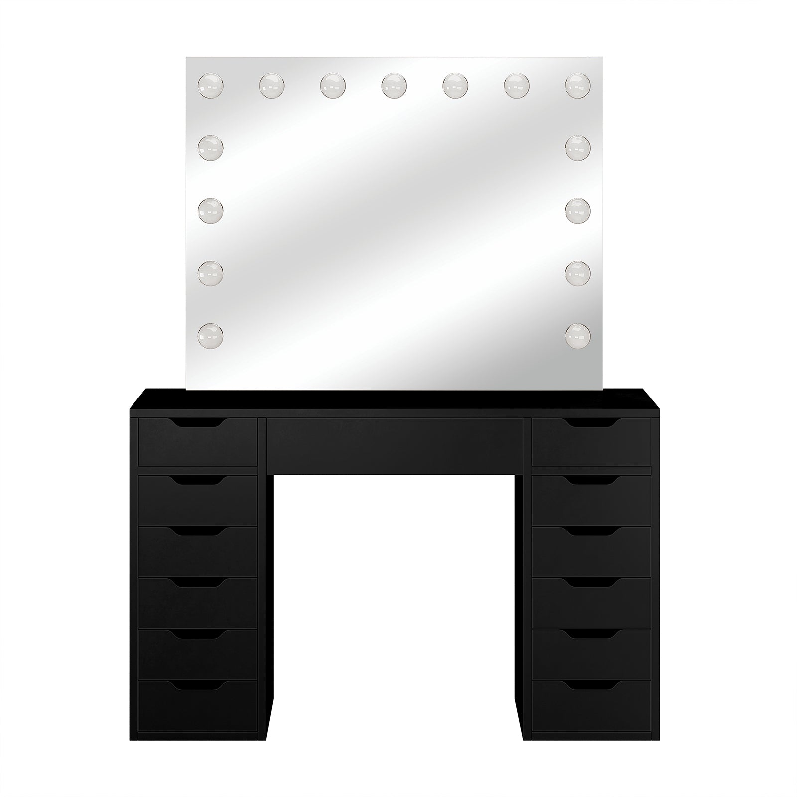 Jenna Hollywood LED Mirror Dressing Table - Black, showcasing a large mirror with LED bulbs, sleek drawers for storage, and a spacious tabletop, perfect for organising makeup and beauty tools.