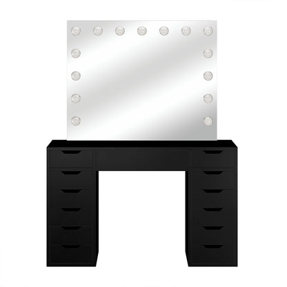 Jenna Hollywood LED Mirror Dressing Table - Black, showcasing a large mirror with LED bulbs, sleek drawers for storage, and a spacious tabletop, perfect for organising makeup and beauty tools.