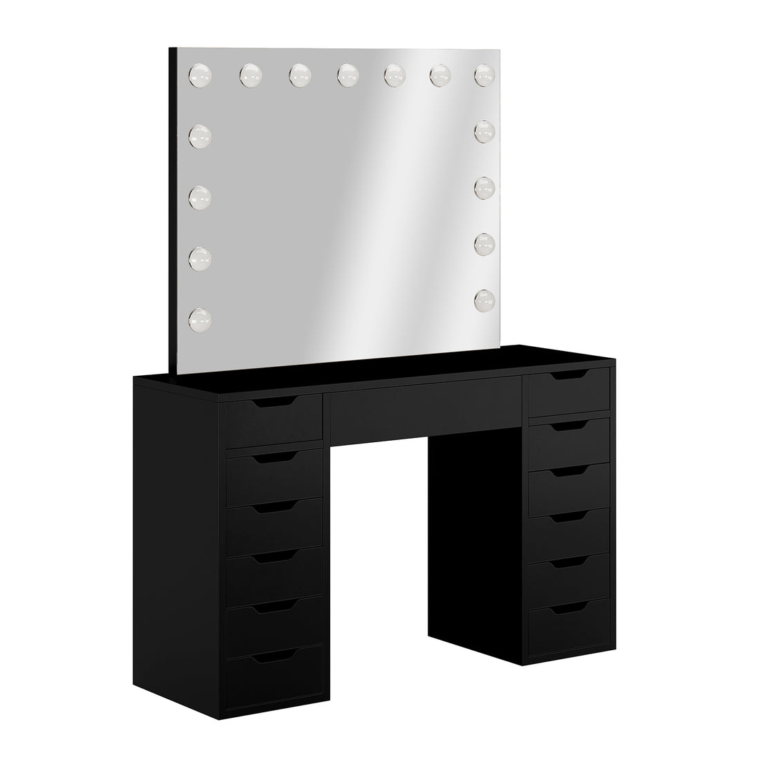 Jenna Hollywood LED Mirror Dressing Table - Black, featuring a large mirror with 13 LED bulbs, three drawers, and a sleek design, perfect for stylish and organized beauty storage.