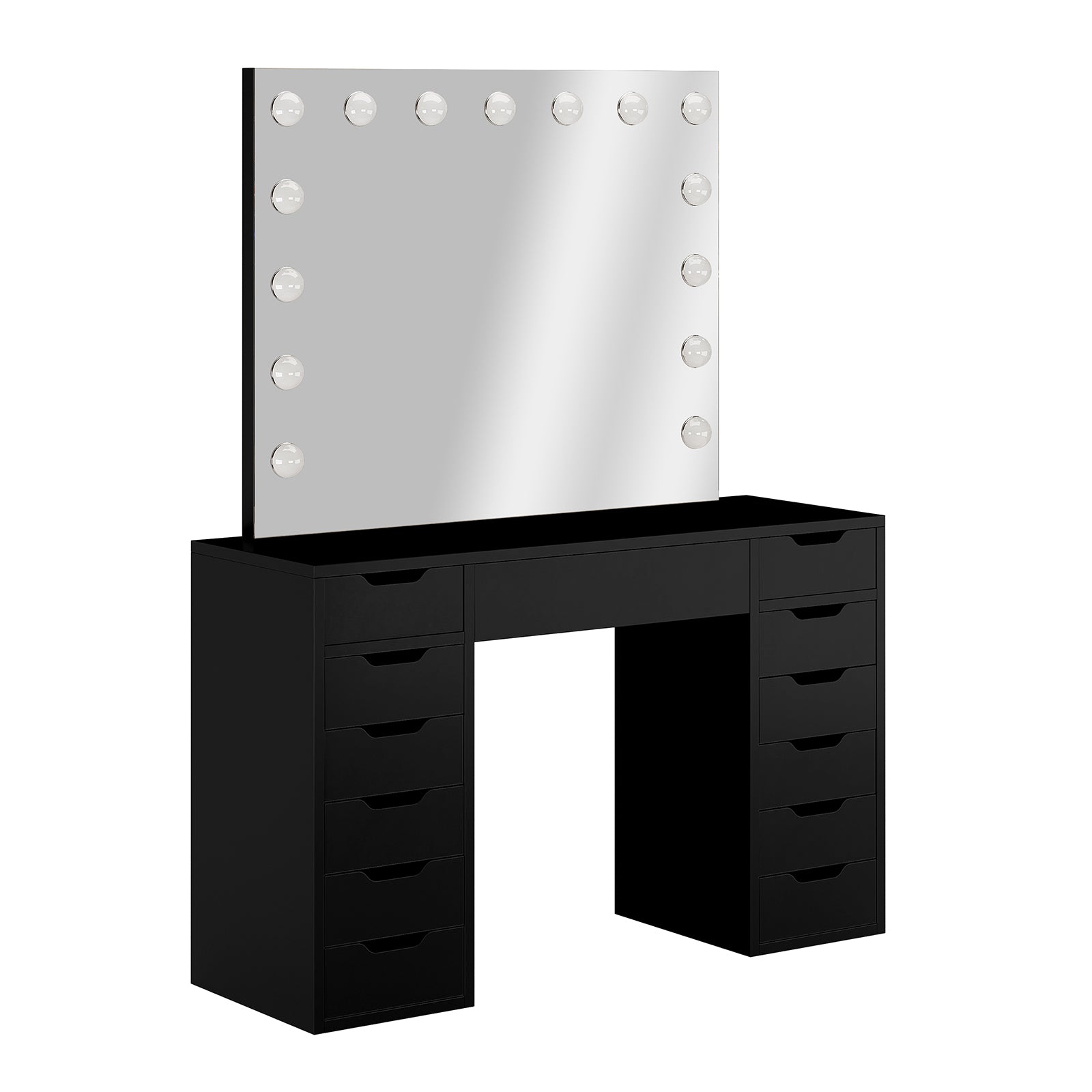 Jenna Hollywood LED Mirror Dressing Table - Black, featuring a large mirror with 13 LED bulbs, three drawers, and a sleek design, perfect for stylish and organized beauty storage.