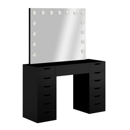Jenna Hollywood LED Mirror Dressing Table - Black, featuring a large mirror with 13 LED bulbs, three drawers, and a sleek design, perfect for stylish and organized beauty storage.