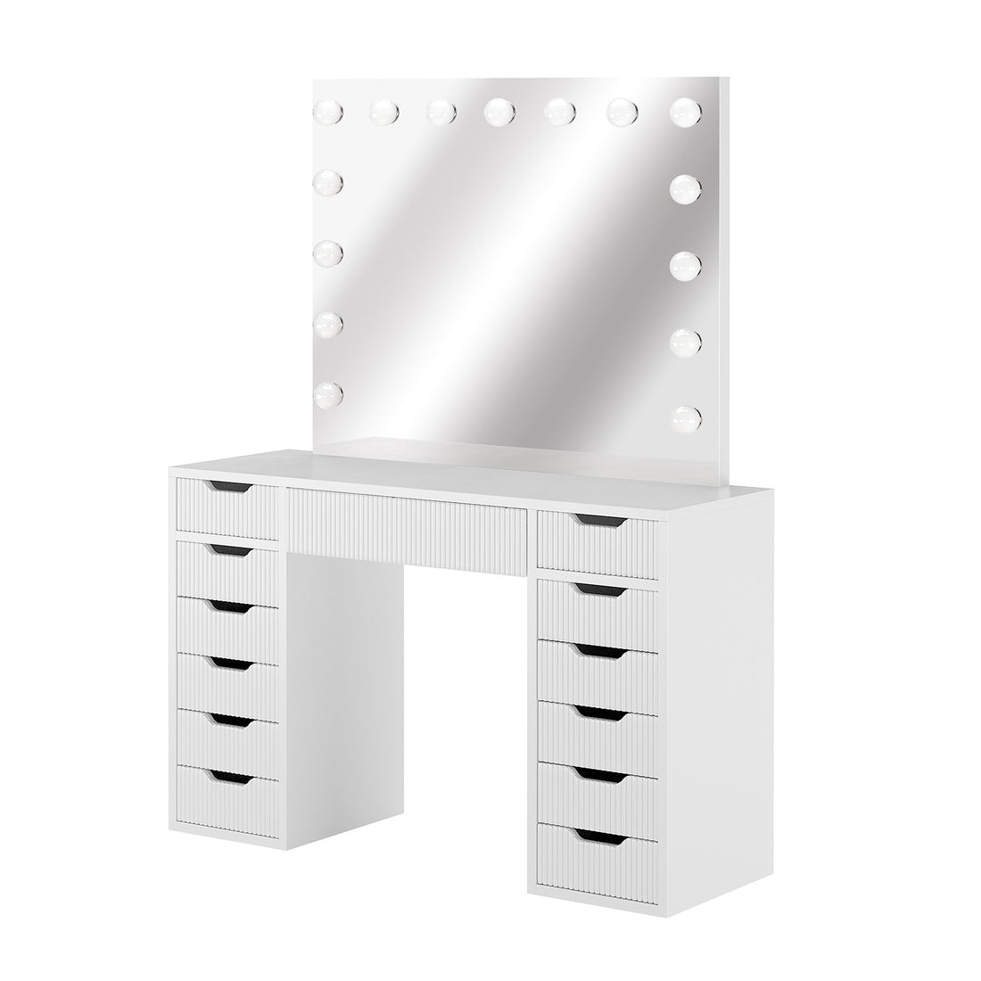Jenna LED Mirror Dressing Table - Fluted White: Sleek white desk with multiple drawers and a large mirror framed by 13 LED bulbs, ideal for organized beauty and makeup application.