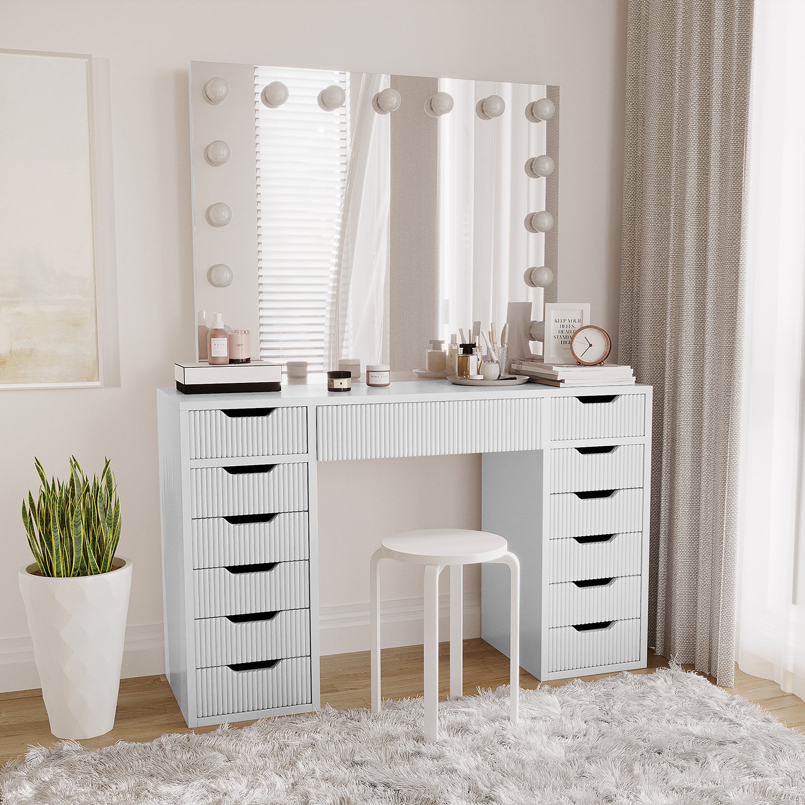 Fluted Makeup Vanity Set With Stool, Storage Drawers & Power Outlet – 47" Rectangular, Modern