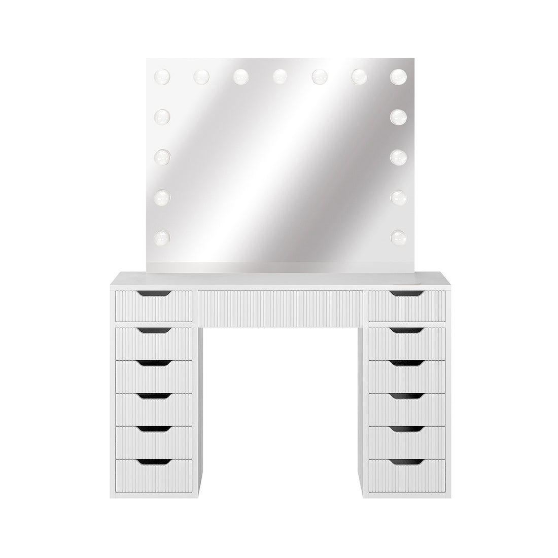 Jenna LED Mirror Dressing Table - Fluted White features a large mirror with 13 LED bulbs, multiple drawers for storage, and a sleek design, perfect for a stylish beauty station.