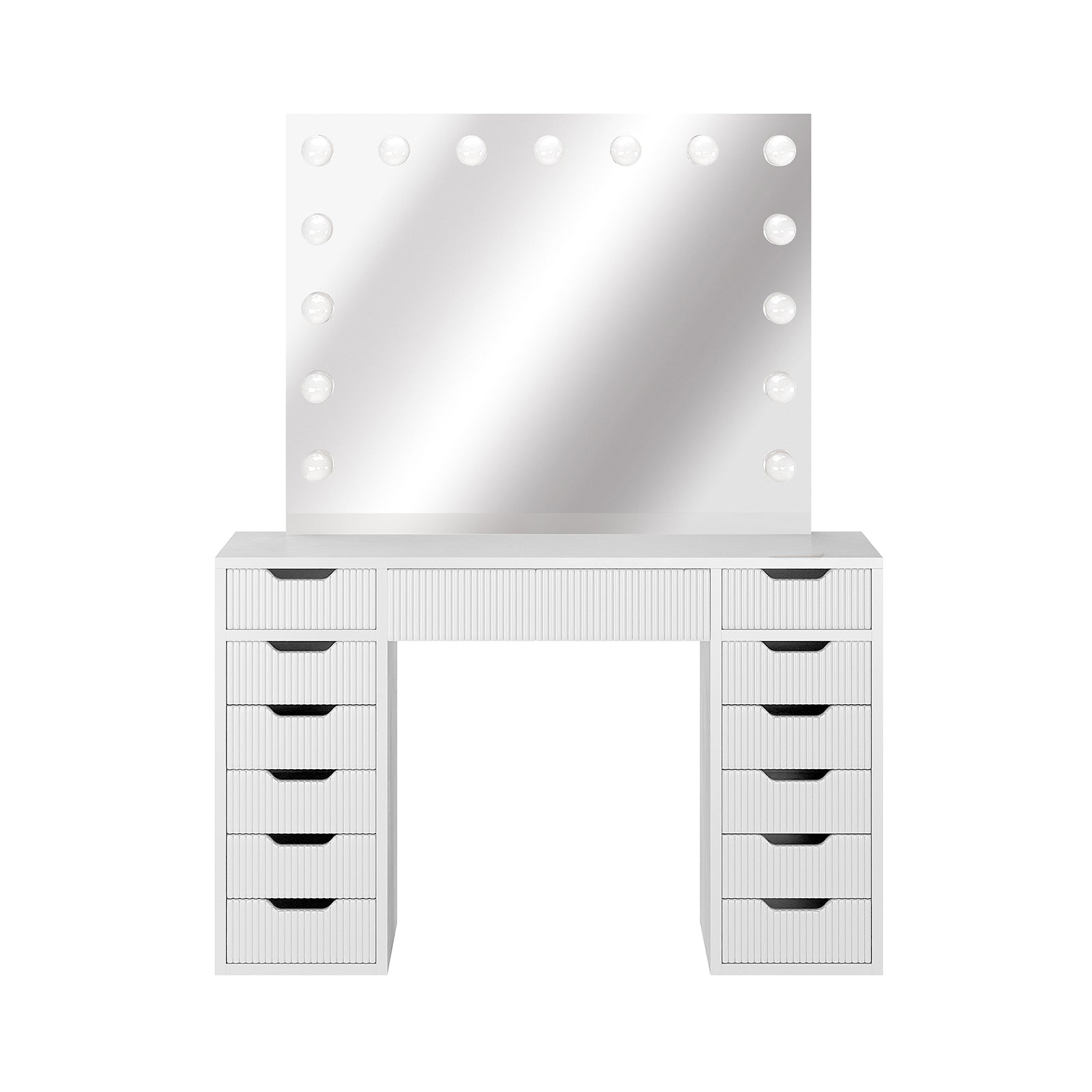 Jenna LED Mirror Dressing Table - Fluted White features a large mirror with 13 LED bulbs, multiple drawers for storage, and a sleek design, perfect for a stylish beauty station.