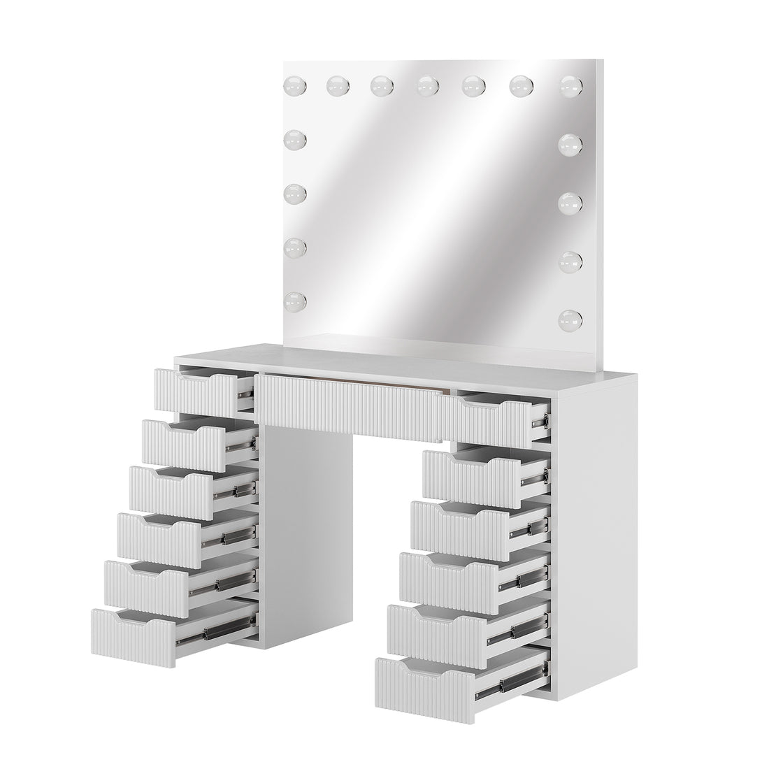 Jenna LED Mirror Dressing Table - Fluted White, featuring a large mirror with 13 LED bulbs, multiple drawers, and a sleek design, ideal for organized, illuminated makeup application.