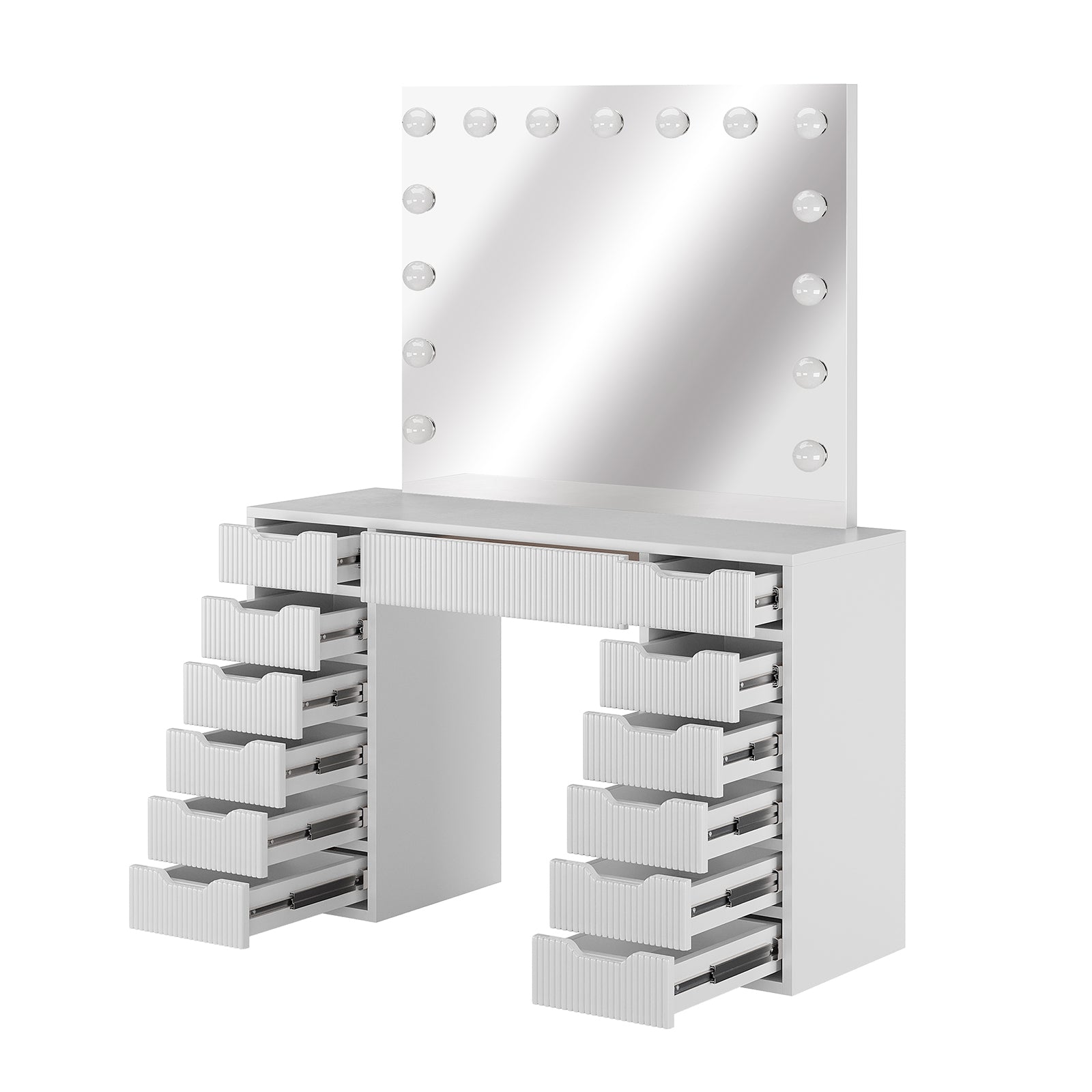 Jenna LED Mirror Dressing Table - Fluted White, featuring a large mirror with 13 LED bulbs, multiple drawers, and a sleek design, ideal for organized, illuminated makeup application.
