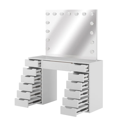 Jenna LED Mirror Dressing Table - Fluted White, featuring a large mirror with 13 LED bulbs, multiple drawers, and a sleek design, ideal for organized, illuminated makeup application.