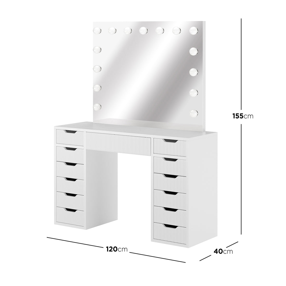 Jenna LED Mirror Dressing Table - Fluted White: Features a large mirror with 13 LED bulbs, spacious tabletop, and multiple drawers, designed for optimal beauty organization and professional-grade lighting.