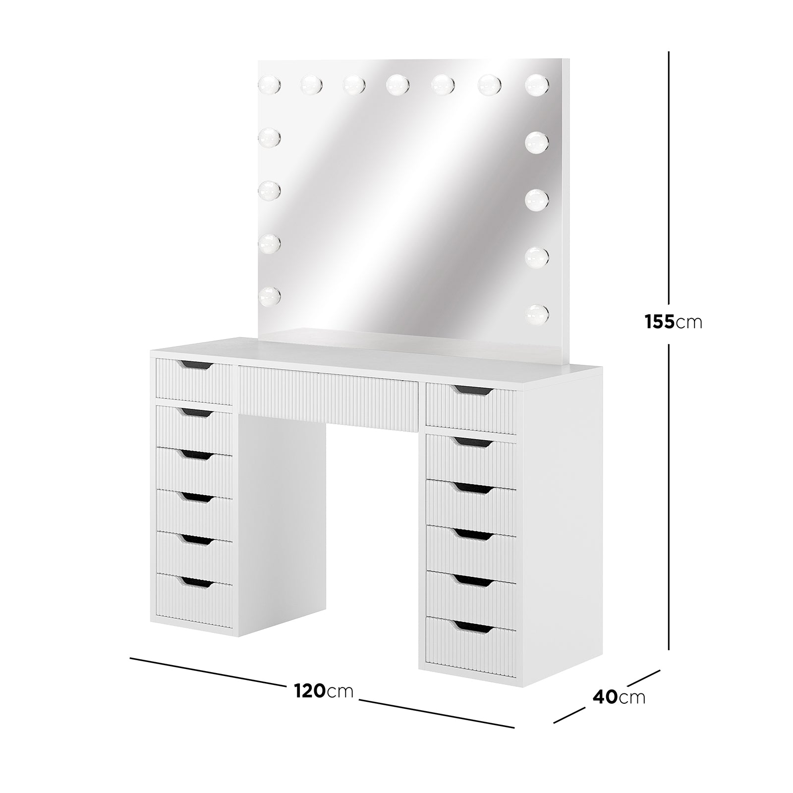 Jenna LED Mirror Dressing Table - Fluted White: Features a large mirror with 13 LED bulbs, spacious tabletop, and multiple drawers, designed for optimal beauty organization and professional-grade lighting.