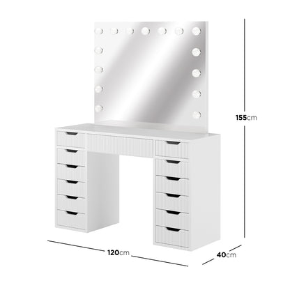 Jenna LED Mirror Dressing Table - Fluted White: Features a large mirror with 13 LED bulbs, spacious tabletop, and multiple drawers, designed for optimal beauty organization and professional-grade lighting.