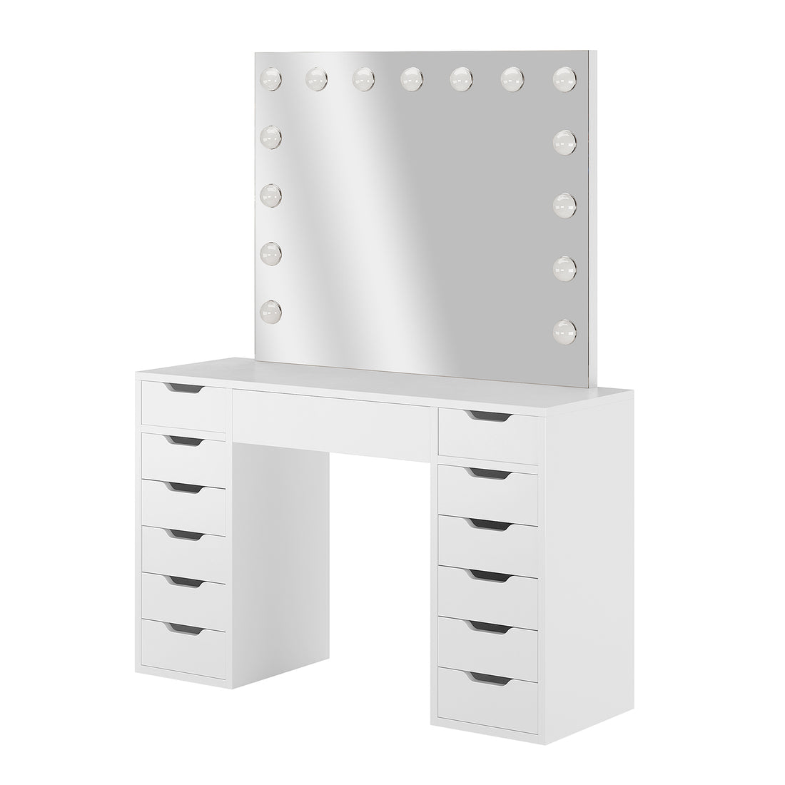 Jenna Hollywood LED Mirror Dressing Table - White features a sleek vanity with a large LED-lit mirror and ample drawer storage, designed for elegant and organized beauty routines.