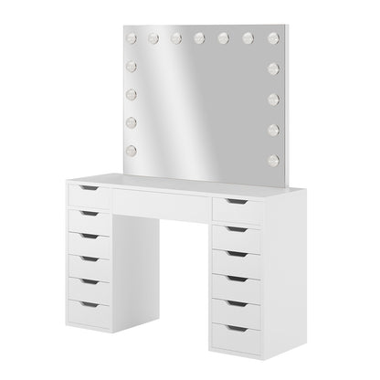 Jenna Hollywood LED Mirror Dressing Table - White features a sleek vanity with a large LED-lit mirror and ample drawer storage, designed for elegant and organized beauty routines.