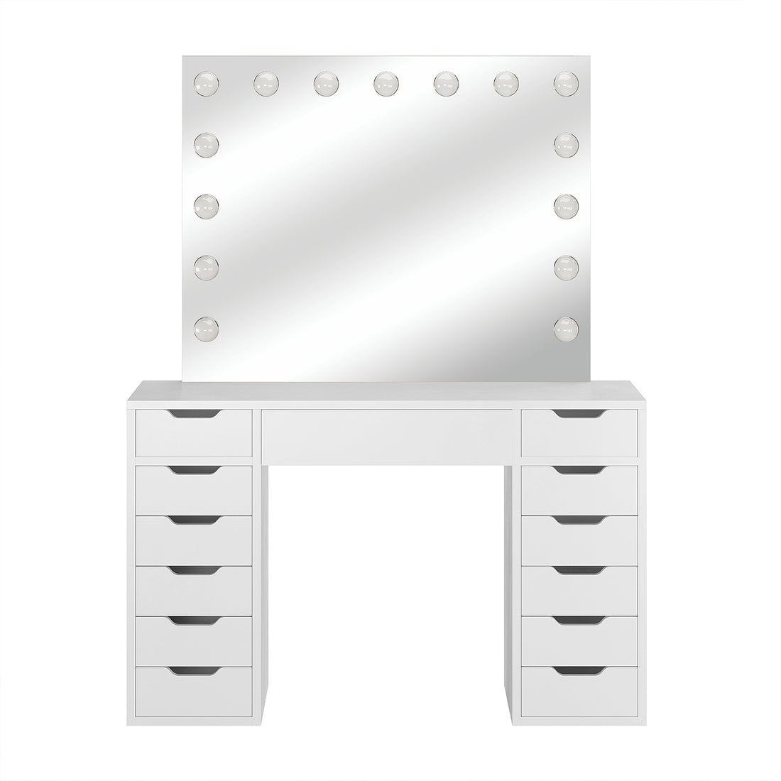 Jenna Hollywood LED Mirror Dressing Table - White, featuring a large mirror with 13 LED bulbs, multiple drawers for storage, and a sleek tabletop, ideal for makeup applications.
