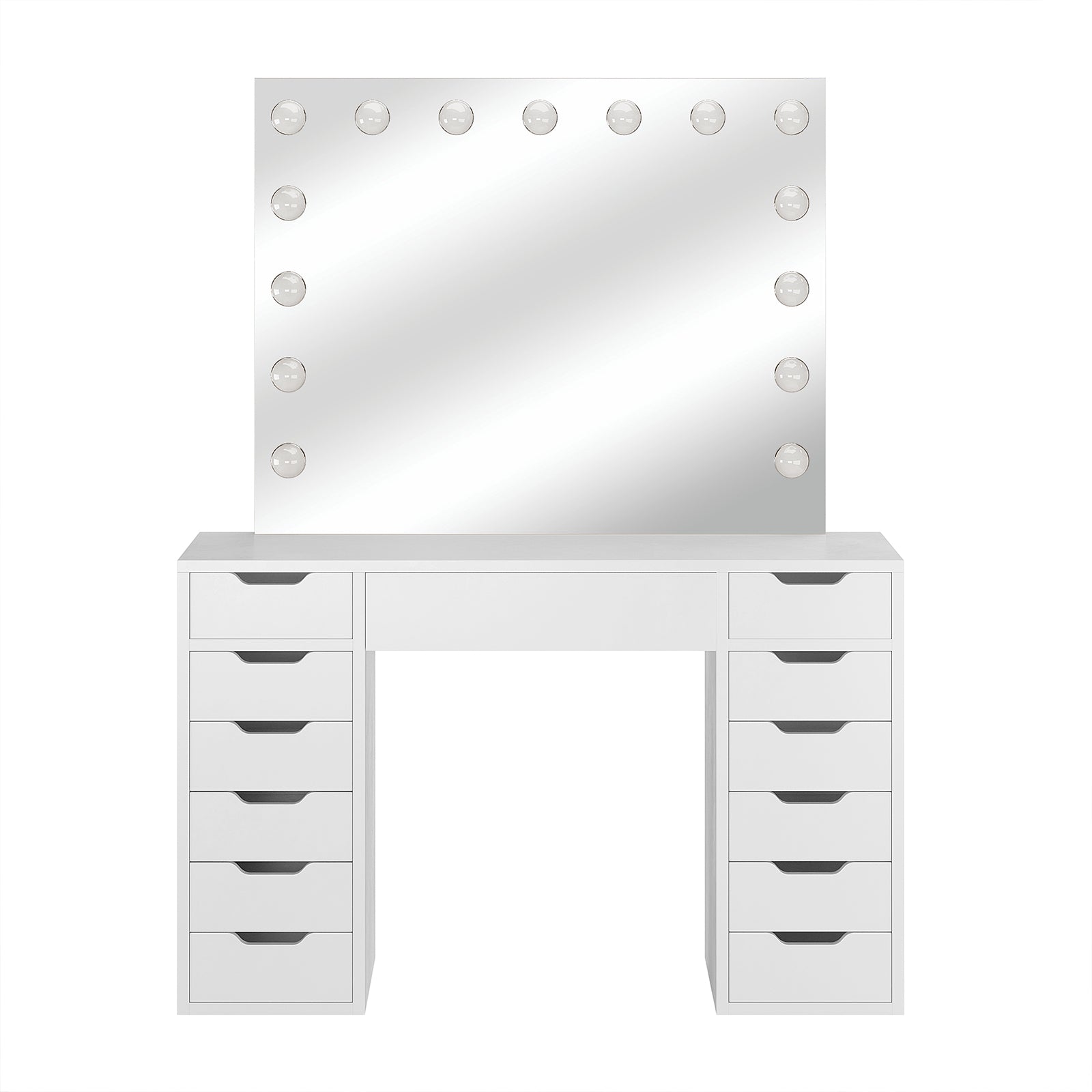 Jenna Hollywood LED Mirror Dressing Table - White, featuring a large mirror with 13 LED bulbs, multiple drawers for storage, and a sleek tabletop, ideal for makeup applications.