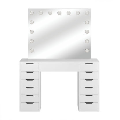 Jenna Hollywood LED Mirror Dressing Table - White, featuring a large mirror with 13 LED bulbs, multiple drawers for storage, and a sleek tabletop, ideal for makeup applications.