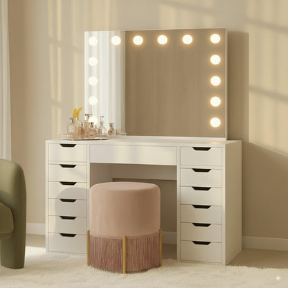 Jenna Hollywood Makeup Vanity Table with LED Mirror in White features a large bulb-framed mirror, white tabletop with drawers, and a blush-pink stool, offering stylish storage and professional lighting.
