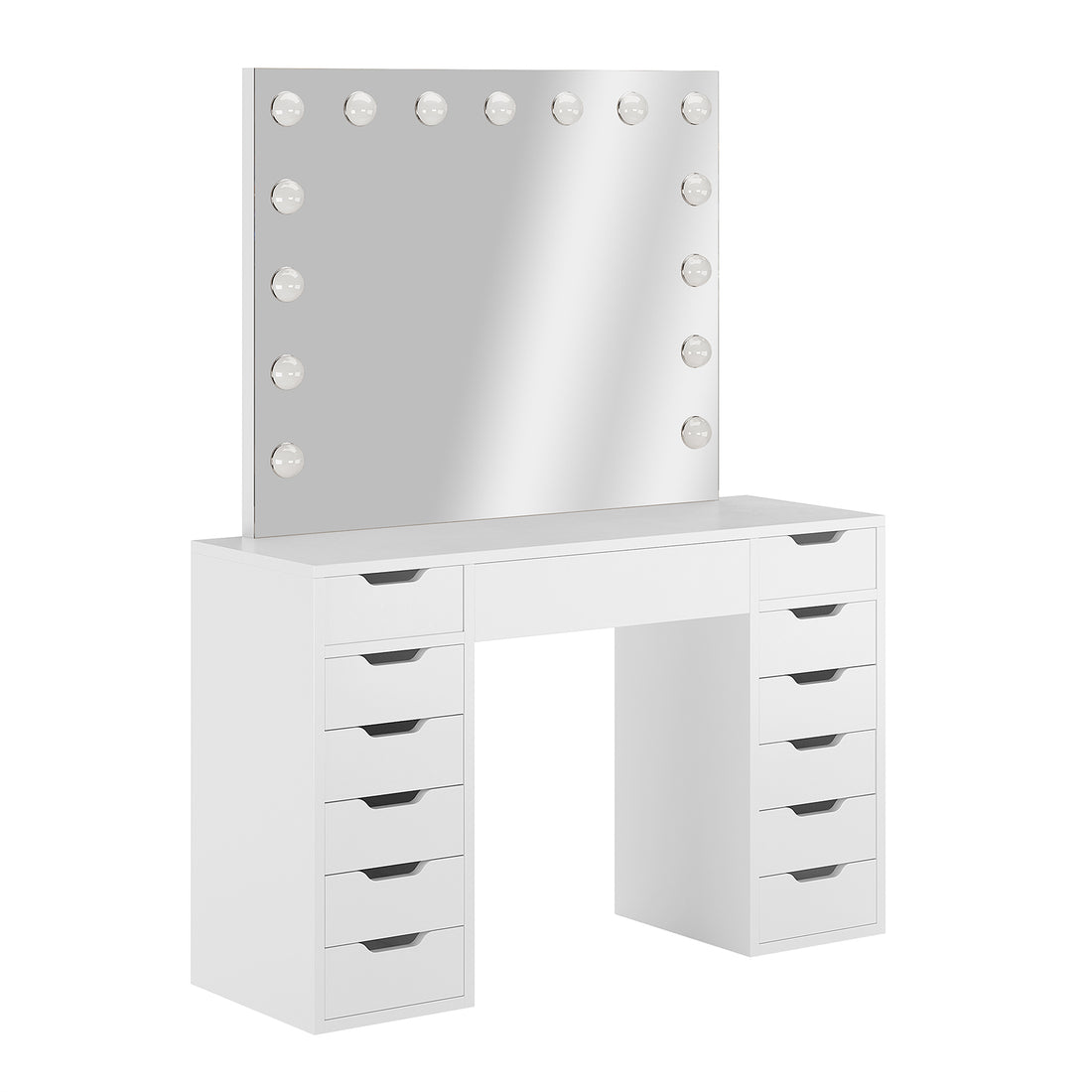 Jenna Hollywood LED Mirror Dressing Table - White: A sleek vanity with a large LED-lit mirror, white tabletop, and spacious drawers, designed for optimal lighting and organized beauty storage.