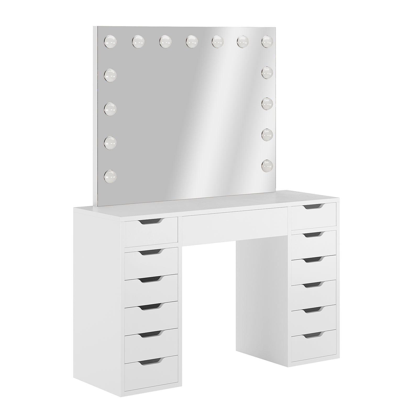 Jenna Hollywood LED Mirror Dressing Table - White: A sleek vanity with a large LED-lit mirror, white tabletop, and spacious drawers, designed for optimal lighting and organized beauty storage.