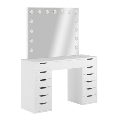 Jenna Hollywood LED Mirror Dressing Table - White: A sleek vanity with a large LED-lit mirror, white tabletop, and spacious drawers, designed for optimal lighting and organized beauty storage.