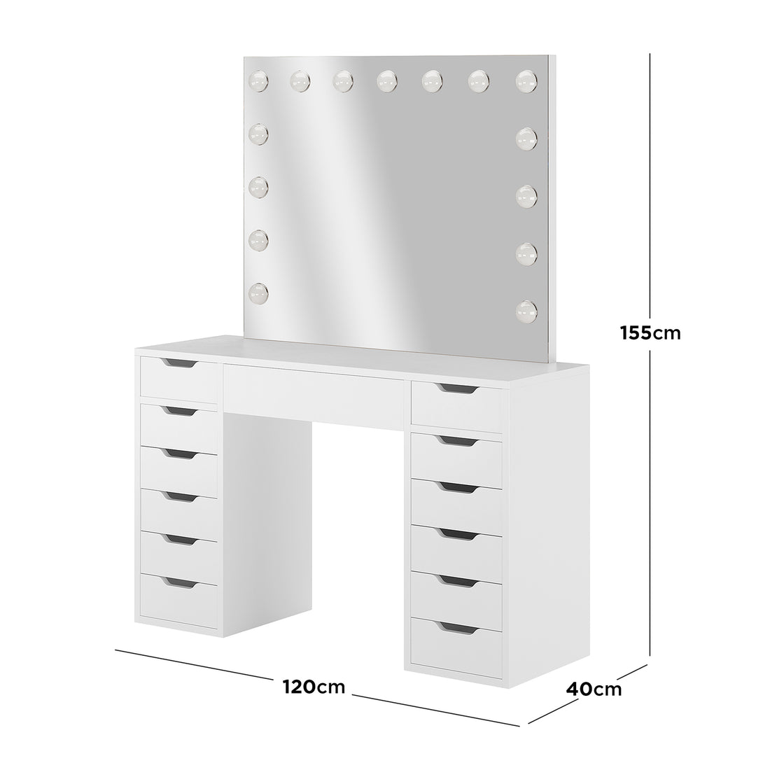 Jenna Hollywood LED Mirror Dressing Table - White features a large mirror with 13 LED bulbs, touch-control brightness, and ample drawer storage, perfect for organized beauty routines.