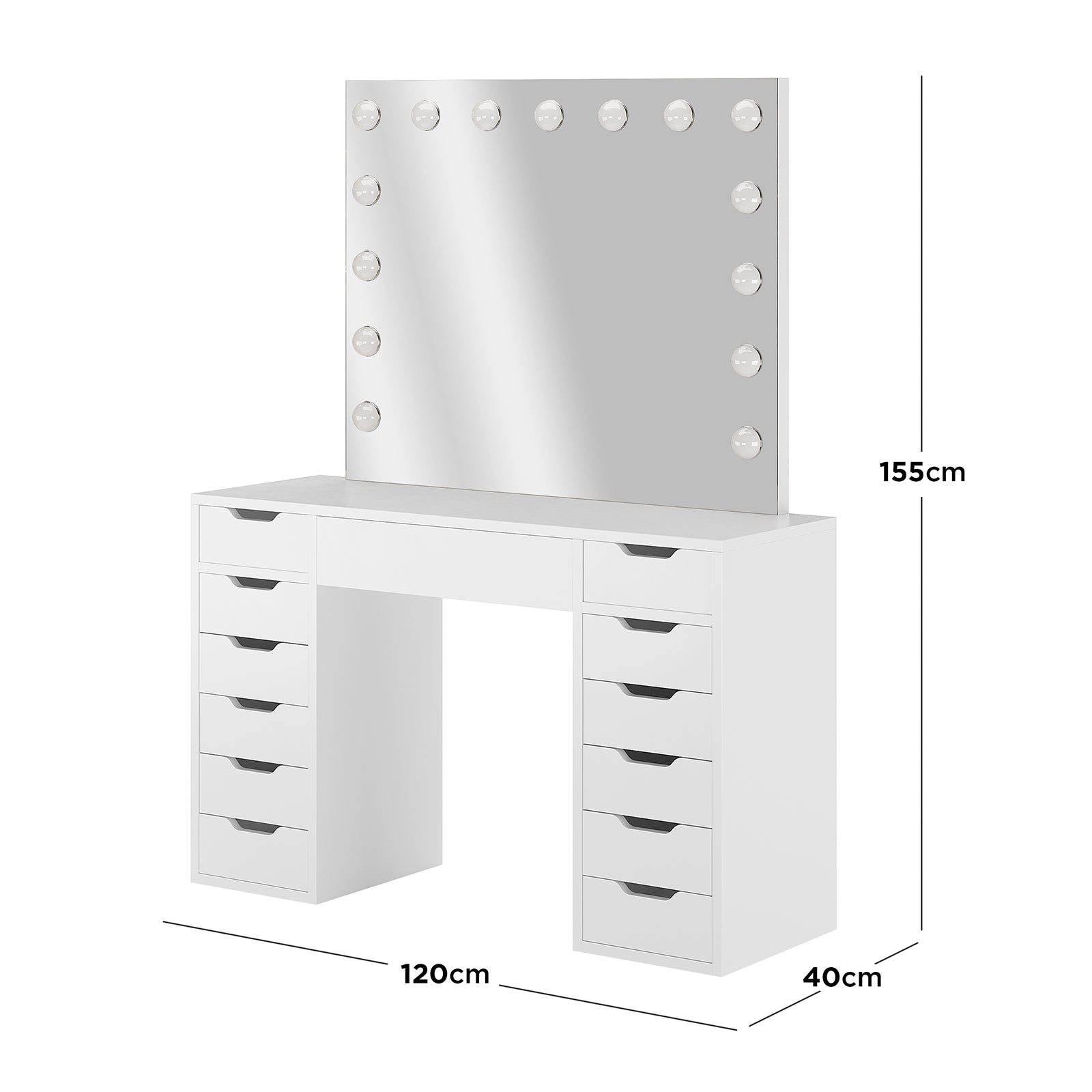 Jenna Hollywood LED Mirror Dressing Table - White features a large mirror with 13 LED bulbs, touch-control brightness, and ample drawer storage, perfect for organized beauty routines.