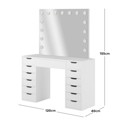 Jenna Hollywood LED Mirror Dressing Table - White features a large mirror with 13 LED bulbs, touch-control brightness, and ample drawer storage, perfect for organized beauty routines.