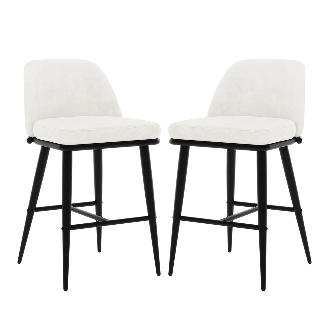 Jeremi Velvet Upholstered High-Back Bar Stool Set of 2 - Cream, featuring plush velvet upholstery, ergonomic high-back design, and sturdy powder-coated steel legs with anti-slip pads for stability. Ideal for kitchens and bars.