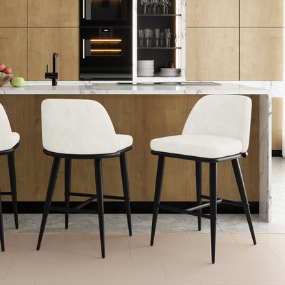 Jeremi Velvet Upholstered High-Back Bar Stool Set of 2 - Cream, featuring plush velvet upholstery, high backrest, and sturdy black powder-coated steel legs with anti-slip pads, ideal for kitchen or bar settings.