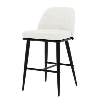 Jeremi Velvet Upholstered High-Back Bar Stool Set of 2 - Cream, featuring plush velvet upholstery, thick foam padding, powder-coated black steel legs, and anti-slip pads for stability and comfort.
