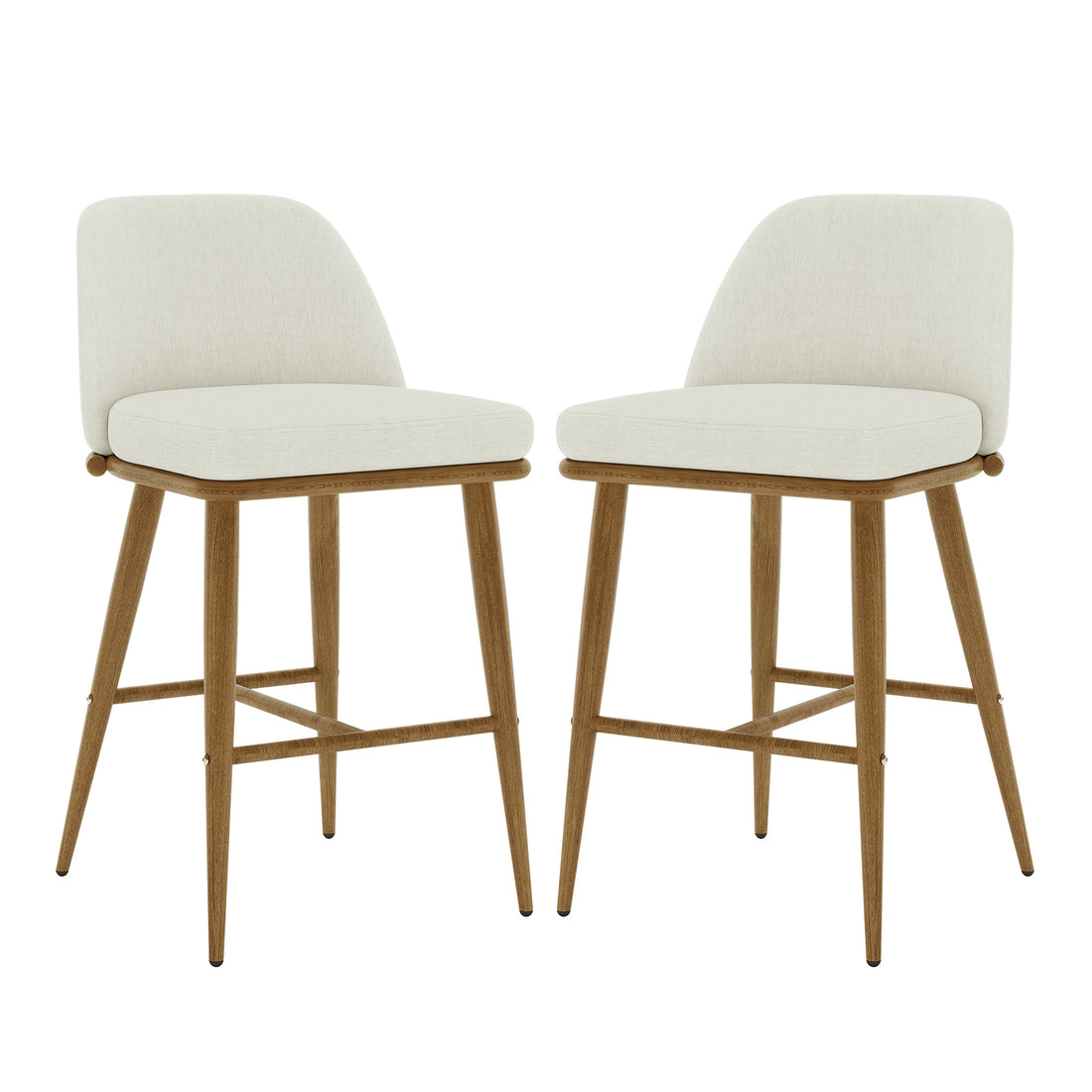 Jeremi Linen Upholstered High-Back Bar Stool Set of 2 features a white chair with a high backrest and wooden oak steel legs, showcasing modern design and ergonomic comfort.