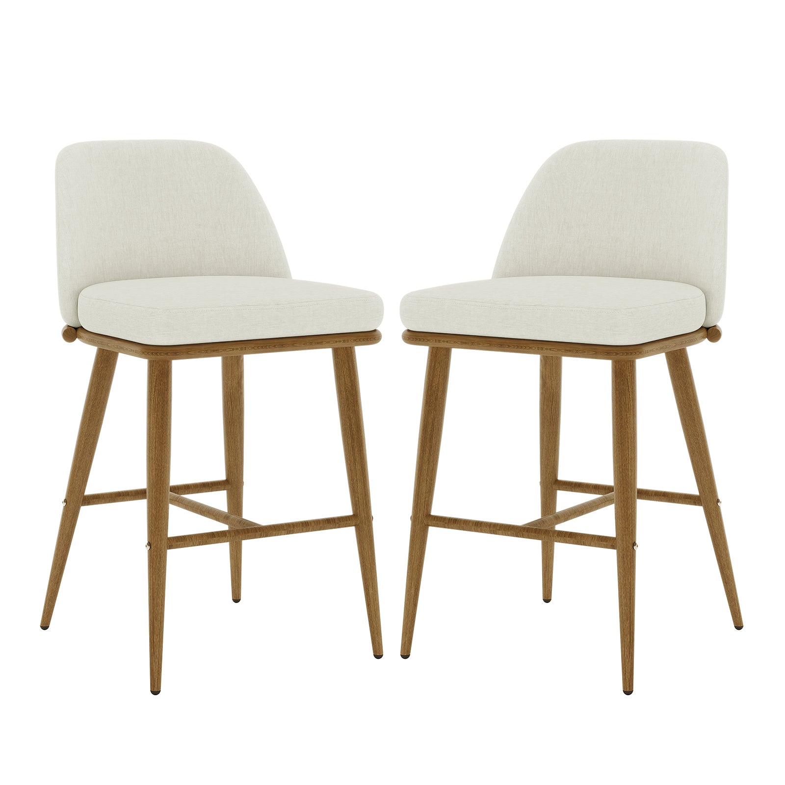 Jeremi Linen Upholstered High-Back Bar Stool Set of 2 features a white chair with a high backrest and wooden oak steel legs, showcasing modern design and ergonomic comfort.