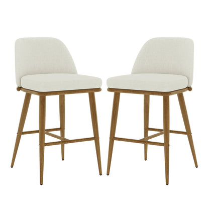 Jeremi Linen Upholstered High-Back Bar Stool Set of 2 features a white chair with a high backrest and wooden oak steel legs, showcasing modern design and ergonomic comfort.
