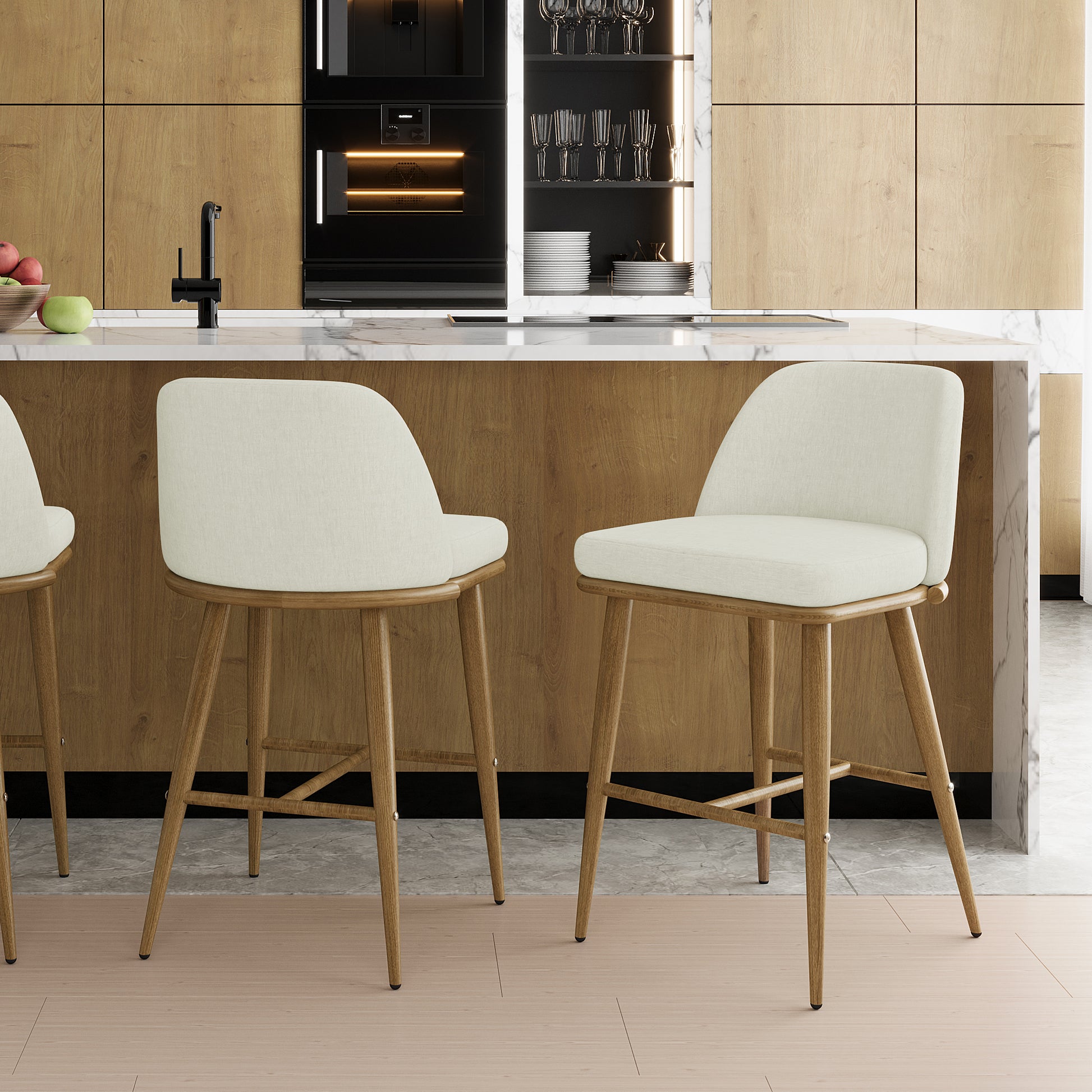Jeremi Linen Upholstered High-Back Bar Stool Set of 2 features wheat-colored upholstery and oak-finished legs, showcasing elegant design and comfort, ideal for modern kitchen or bar spaces.