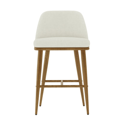 Jeremi Linen Upholstered High-Back Bar Stool Set of 2, showcasing a white chair with wooden legs, featuring a high backrest and sleek design ideal for modern kitchens or bars.